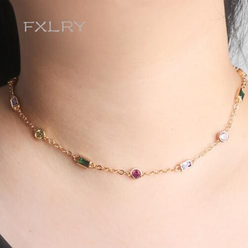 FXLRY New hot Selling cubic zirconia Geometry multi color pendant necklaces for Women Fashion chokers Jewelry