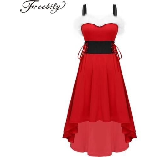 Christmas Dress Women Sleeveless A-line Dresses Faux-Fur Lace Up Asymmetrical High Low Midi Dress Cosplay Xmas Party Dress Up