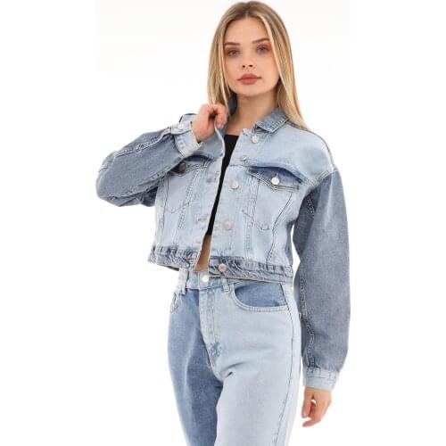 Blue Block Denim Crop Jacket Women Loose Style Jeans Coat 2021 New Style Jacket