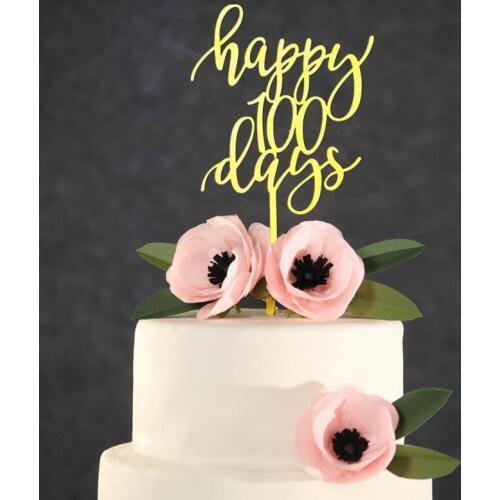 Mirror Gold Happy 100 Days Cake Topper 5.5" inches wide, Baby Birthday Cake Topper 100 Days Party Decoration Baby Shower Favors