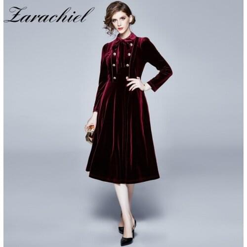 Women Military Uniform Golden Lions Double-Breasted Velvet Dress Autumn Fashion Long Sleeve Bow Collar Vintage Female Midi Dress