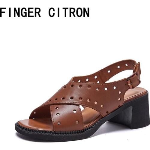 Finger Citron Women Sandals New Style Genuine Cow Leather Round Tow Square Heel Outsole By Handmade Soft For Summer Size:35-41