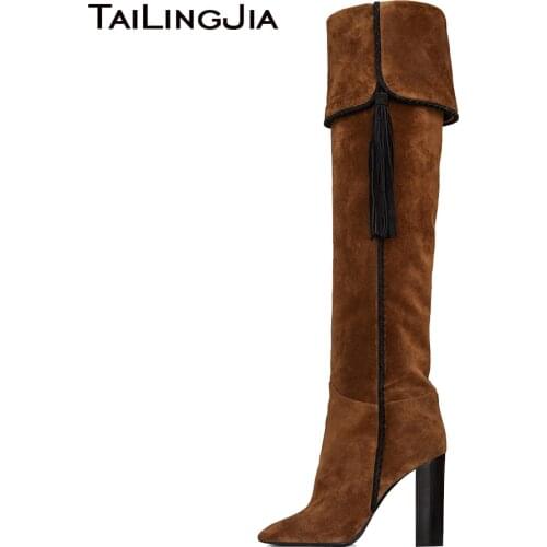 Brown Suede Pointy Toe High Heel Tassel Fold Slouch Boots Chunky Heel Slip on Fringe Knee High Boots Ladies Winter Shoes 2018