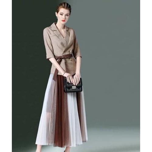 Engaland style blazer + pleated skirts sets female half Sleeve double breasted Tops + High Waist hit color skirts Suits wq1282