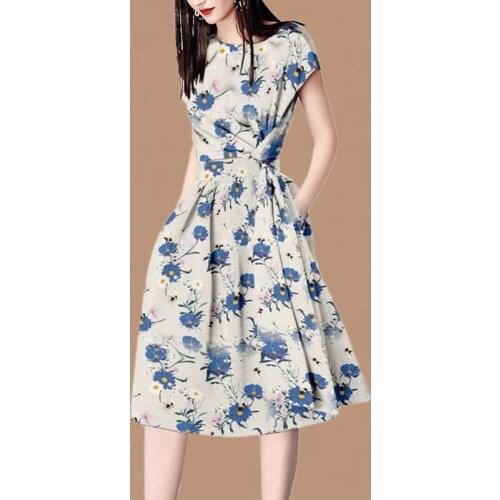 Summer Runway Skirt Suit Womens Elegant Print O Neck Raglan Sleeve Blouse＋Lace Up Slim A Line Midi Skirt Two Pieces Sets