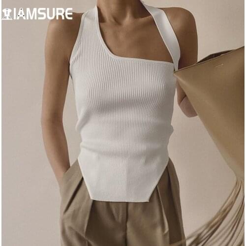IAMSURE Elegant Solid Split Halter Top Casual Sexy Ribbed Backless Sleeveless Asymmetrical Neck Tank Top Women 2021 Fashion 90S