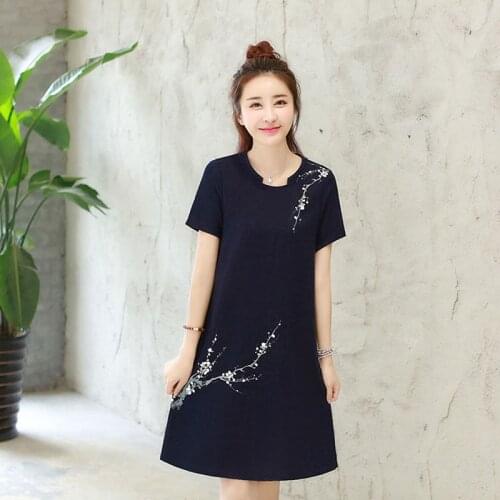 Chinese Style Clothing Women 2021 Summer Sundress Cotton Linen Dress Short Sleeve Embroidery Vintage Robe Dress 12149