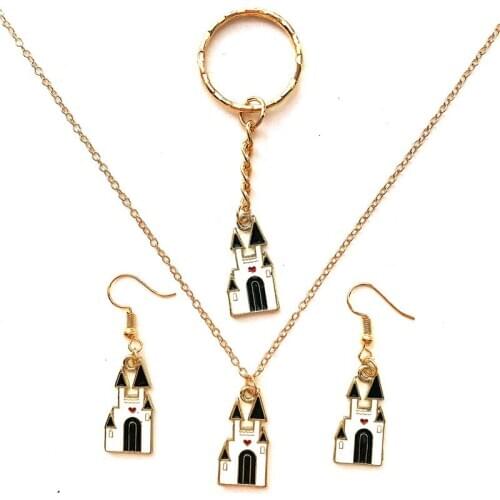 Enamel color palace castle church jewelry set costume jewellery set necklace earrings keychain set women fashion bijoux boutique