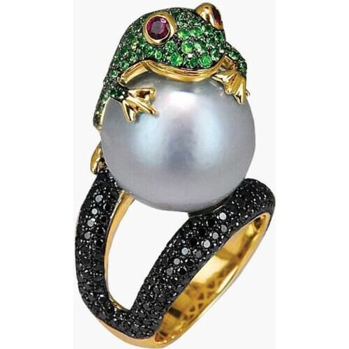 Fashion creative toad frog Toad beading create pearl ring for women shiny green crystal ring size 6-10