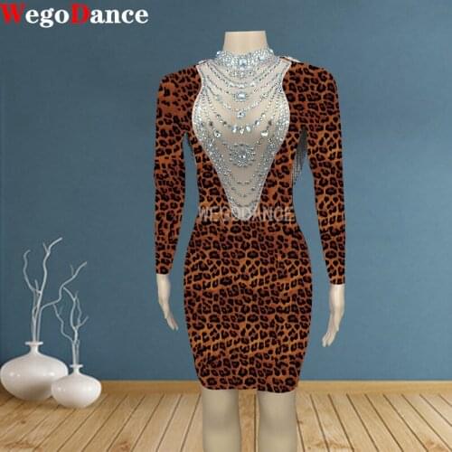 New Women Craystal Chain Leopard Dress Rhinestone Fringe Spandex Birthday Long Sleeves Outfit