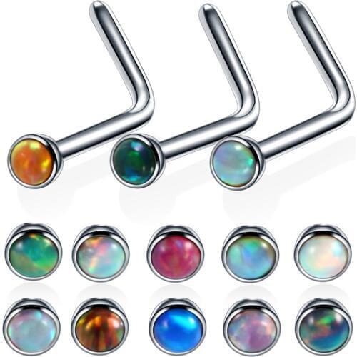 1PC Hot Opal Stone Nose Stud Piercing 20G Steel L Shape Opal Nose Bone Rings Body Jewelry Mixed 13 Colors