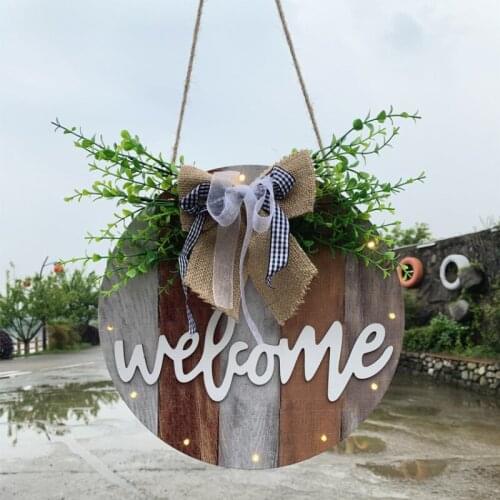 1Pcs Round Wooden Welcome Sign Front Door Decoration With LED Light Farmhouse Corridor Door Hanging Sign Home Decoration