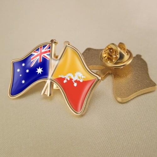 Australia and Bhutan Crossed Double Friendship Flags Brooch Badges Lapel Pins