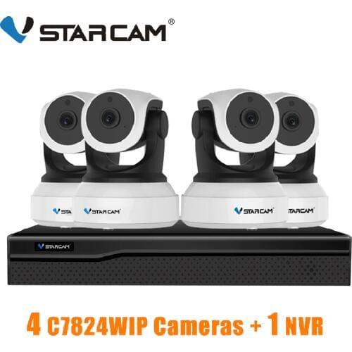 VStarcam 1 NVR 4CH + 4 PCS C7824WIP HD Wireless IP Camera IR-Cut Night Vision Audio Recording Network CCTV Indoor Cam