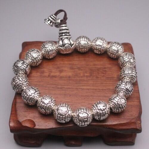S925 Sterling Silver Bracelet Women Men Luck Bless Fu Round Beads Link Bracelet 12mmW 72-75g 7inches