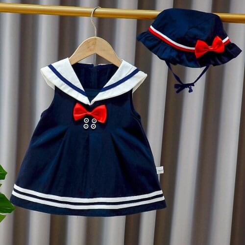 Baby Girl Dress Suit Children Summer Clothes Set Kids Navy Collar Dress+Hat 2 Pieces Toddler Super Cute costumes 0 1 2 3 4 Year