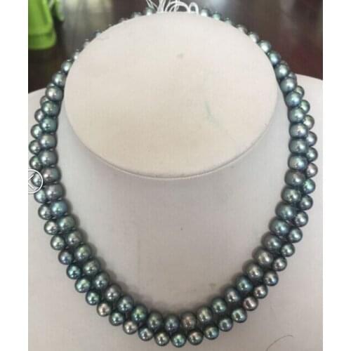 Double strands8-9MM round peacock green pearl necklace17"18"925silver