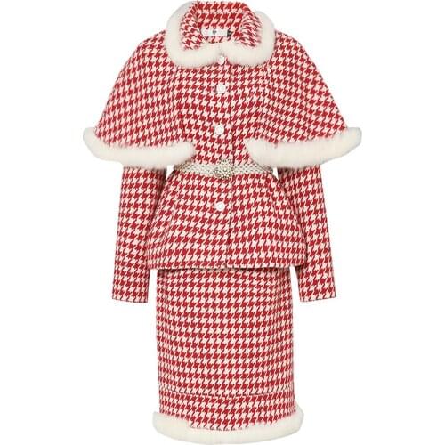 Elegant winter Houndstooth cloak woolen coat +plaid fur stitching package hip skirt two piece sets