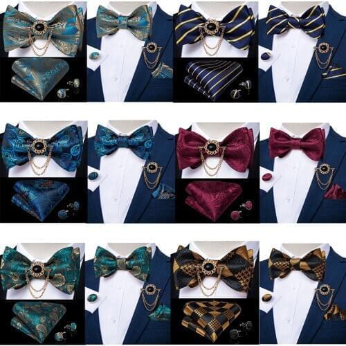 New Design Business Wedding Party Bowtie Men Blue Gold Paisley Silk Bow Tie Pocket Square Brooch Pin Set Butterfly Tie DiBanGu