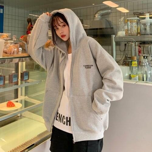 Luzuzi Letter Hoodies Women Loose Plus Velvet Zip-up Pockets Casual Oversize BF Ulzzang Harajuku Daily Streetwear Womens Trendy