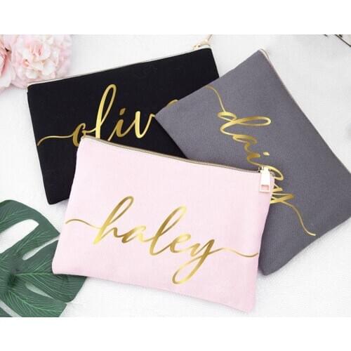 Personalized Zipper Pouch Bridesmaid Cosmetic Bag ,Bridal Shower Gift Makeup Organizer,Customized Canvas Toiletry Bag for Travel