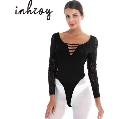 Lace Splice Bodysuit Tops Women Sexy Cutout Black Long Sleeve High Cut Romper Body Suit Female Jumpsuit Bodycon Overalls Blouse