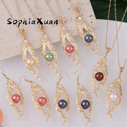 SophiaXuan Fashion Hawaiian Green Earings Set Jewelry Sets Trendy Samoa Gold Pendants Earrings Necklaces Set Jeweler for Women