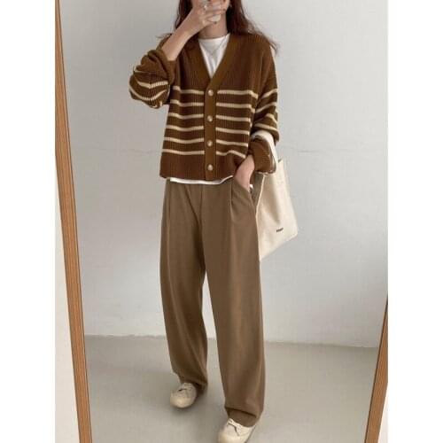 Short Knit Cardigan Autumn Womens Korean Harajuku Style Striped Long-sleeved V-neck Sweater Em