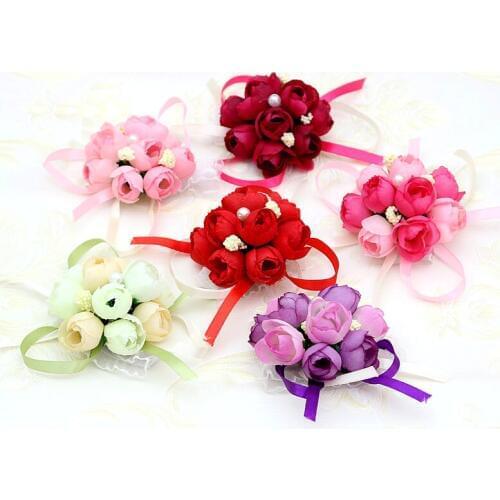 Pretty 1pc Wrist Flower Rose Silk Ribbon Bride Corsage Hand Decorative Wristband Bracelet Bridesmaid Curtain Band Clip Bouquet