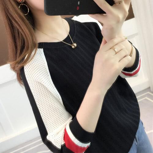 Fashion Womens Spliced Sweater Hollow Out Knitted Thin Ice Silk Bottomed Shirt Womens Casual Loose Spring New Medium Sleeve Top