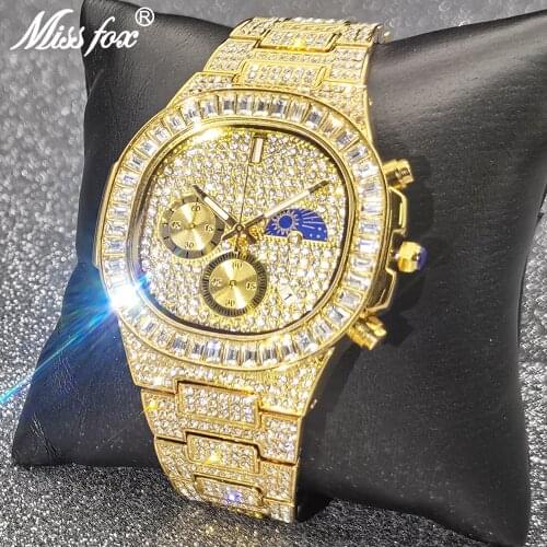 Mens Chronographs Watch 2021 Luxury Gold MISSFOX Iced Out Bling Stone Jewelry Watches for Man Relogios Atacado Com Frete Gratis