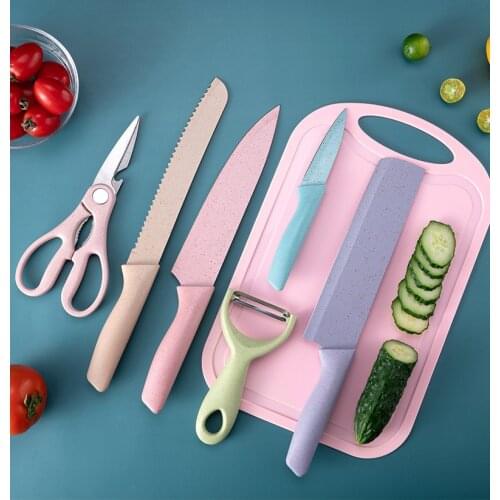 Stainless Steel Kitchen Knives 7 Piece Set Sharp Colorful Blade ABS+TPR Handle Knife Meat Fish Fruit Chopping Block Accessories