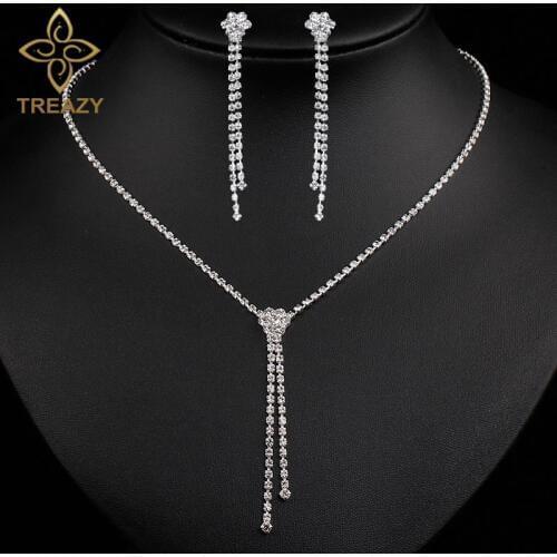 TREAZY Fashion Crystal Bridal Jewelry Sets Silver Color Flower Tassel Long Necklace Earrings Set for Women Wedding Jewelry S