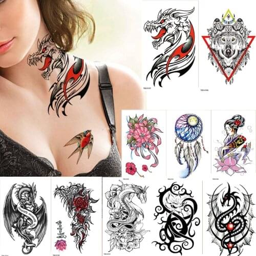 Neck Tattoo Sticker Dragon Wolf Black Lion Imitation Fake Tatoo Temporary Stickers Waterproof for Women Man Wolf Big Tattoo