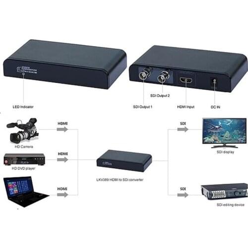 LKV389 HDMI to SDI Converter converts HDMI audio/video embedded signal to a broadcastquality SDI signal and analog audio