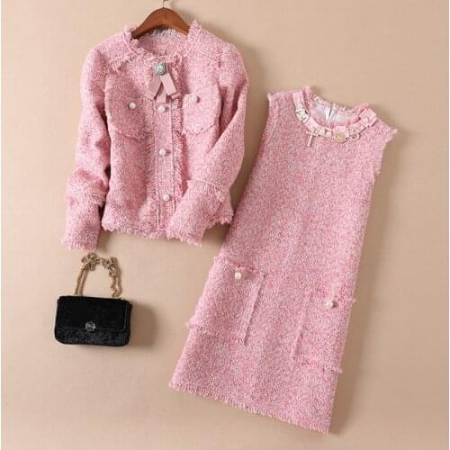 Luxury Women Autumn Tweed Pink Bead Office Party Dress Zomerjurk Dames 2021 Midi Vintage Dress Robe Femme Vestido De Festa N8089