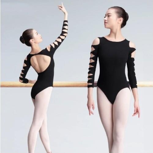 Sexy Backless Unitard Adult Girl Black 3/4 Long Sleeve Dance Practice Leotard Cotton Spandex Gymnastic Ballet Leotards For Women