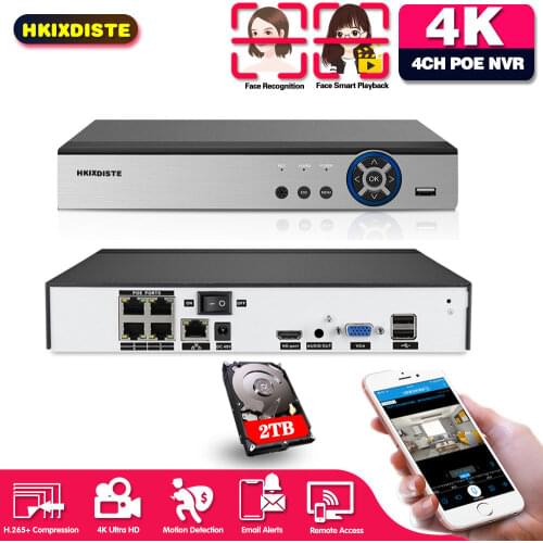 H.265 8MP 4 Channel POE NVR Kit Audio Face Detection Security Surveillance Video Recorder 8CH 4K POE NVR System 4CH XMEYE ONVIF