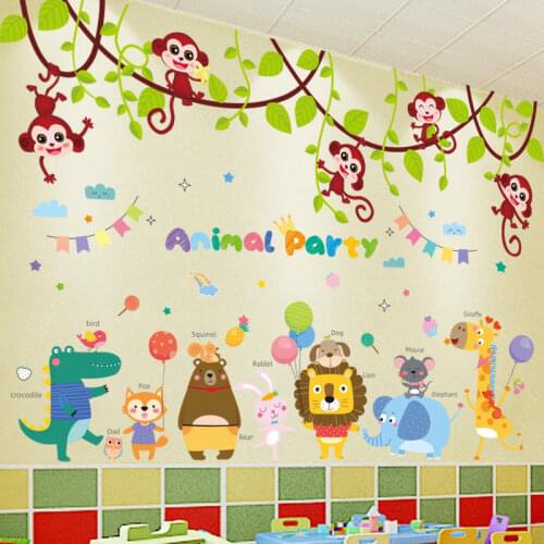 Cartoon Animals Wall Stickers Vinyl DIY Monkeys Vines Mural Decals for Kids Rooms Baby Bedroom Children Nursery Home Decoration