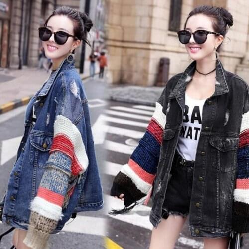 Spring Autumn Womens Cowgirl Coat European Loose Tooling Casual Stitching Knitted Bat Sleeve Casual Denim Short Jacket Female