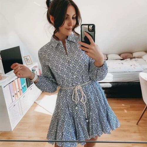 Fashion Trendy Ladies Printed High Waist Mini Shirt Long Sleeve Dress Belt Button Retro Lapel Summer New Womens Wear 2021