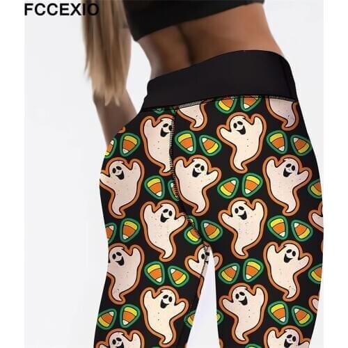FCCEXIO Halloween New High Waist Fitness Cartoon Ghost Print Leggings Women Workout Push Up Legging Fashion Jeggings Women Pants