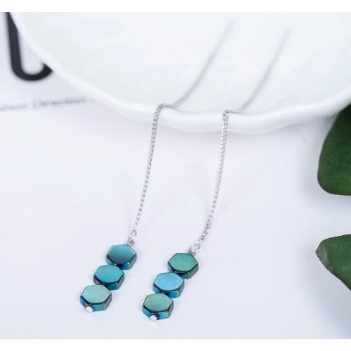 Real 925 Sterling Silver Earrings For Women Fashion Long Geometry Green Color Silver Earrings Fashion Jewelry 2017