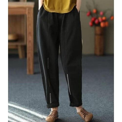 New Spring Arts Style Women Loose Casual Ankle-length Pants All-matched Elastic Waist Cotton Linen Embroidery Harem Pants