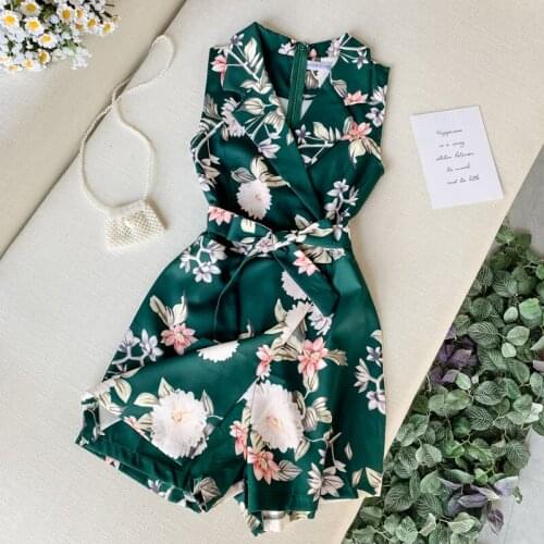 Women Chic Flowers Prints Sleeveless Short Jumpsuit Ins Popular Suit Collar Tied Waist Bodysuit