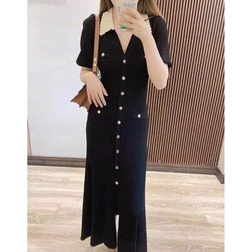 Early Autumn Women Black Knit Midi Dress Peter Pan Collar Single Breasted Ladies Puff Sleeve New 2021 Color Patchwork Long Robe