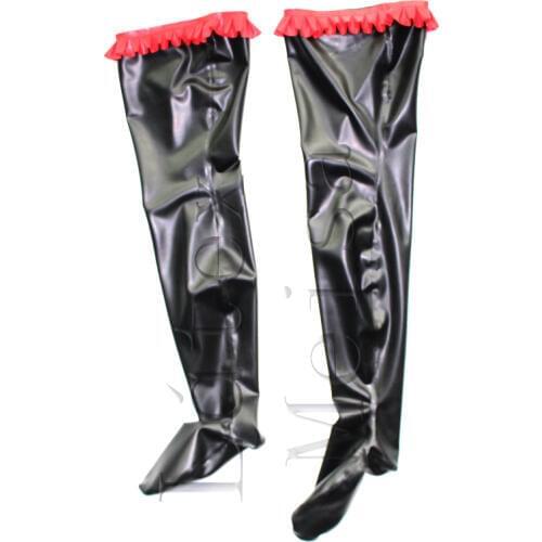 100% natural lingerie latex stockings in black color with red flower trims for women
