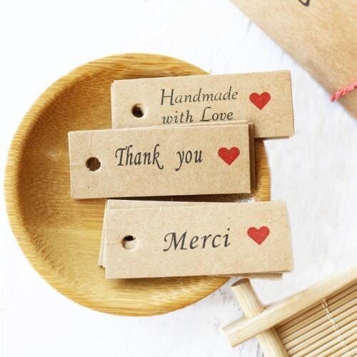 100pcs Kraft Paper Gift Bags Tags Thank You Handmade with Love Hang Tags Candy Dragee Wedding Paper Cards Handmade Paper Labels