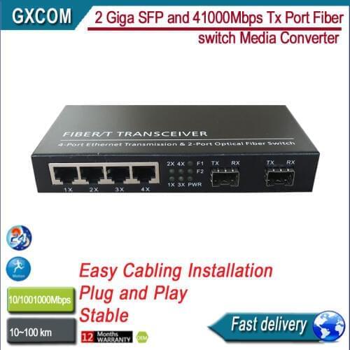 2 Giga SFP and 4 1000Mbps Tx Port Fiber switch Media Converter
