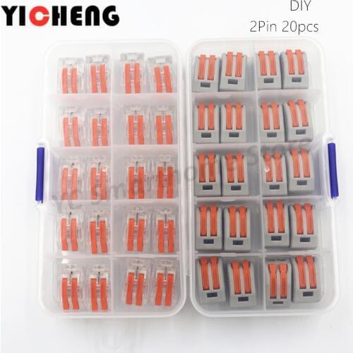 20pcs box case Universal Compact Wire Wiring Connector 2 pin Conductor Terminal Block With Lever 0.08-2.5mm2 wire connector DIY